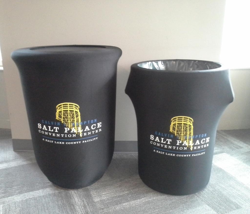 After-Cover Unsightly Trash Can Receptacles with Custom Printed Stretch Fabric
