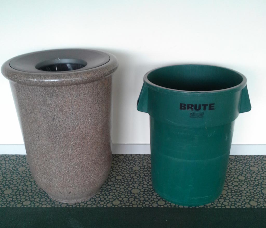 Before-Cover Unsightly Trash Can Receptacles with Custom Printed Stretch Fabric
